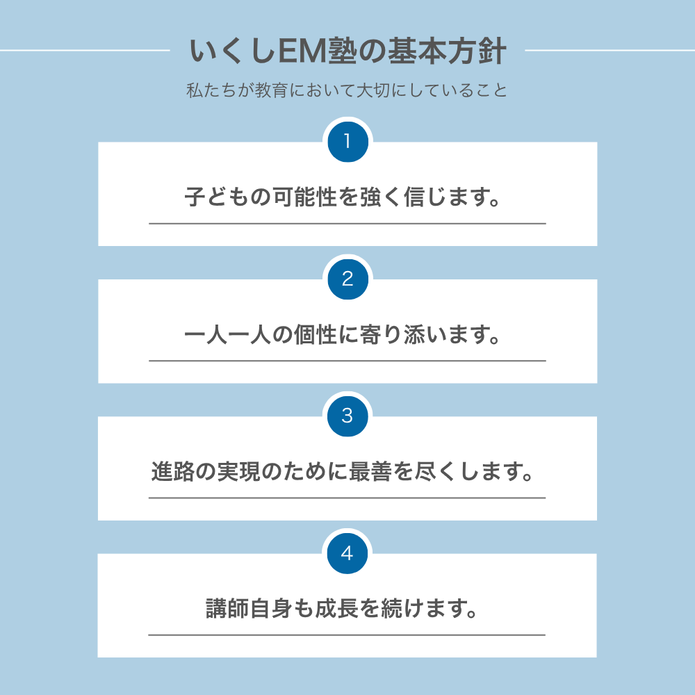 いくしEM塾の基本方針
私たちが教育において大切にしていること
①子どもの可能性を強く信じます。
②一人一人の個性に寄り添います。
③進路の実現のために最善を尽くします。
④江氏自身も成長を続けます。